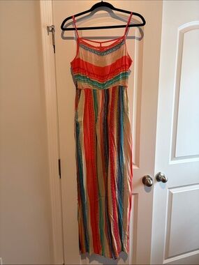 Esley Coral and Teal Striped Summer Maxi Dress